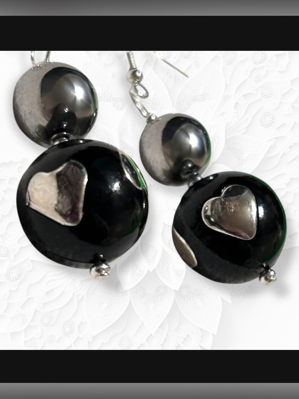 Hand Crafted Earrings Hearts Black Silver Acrylic Glass Long Pierced - Picture 1 of 5